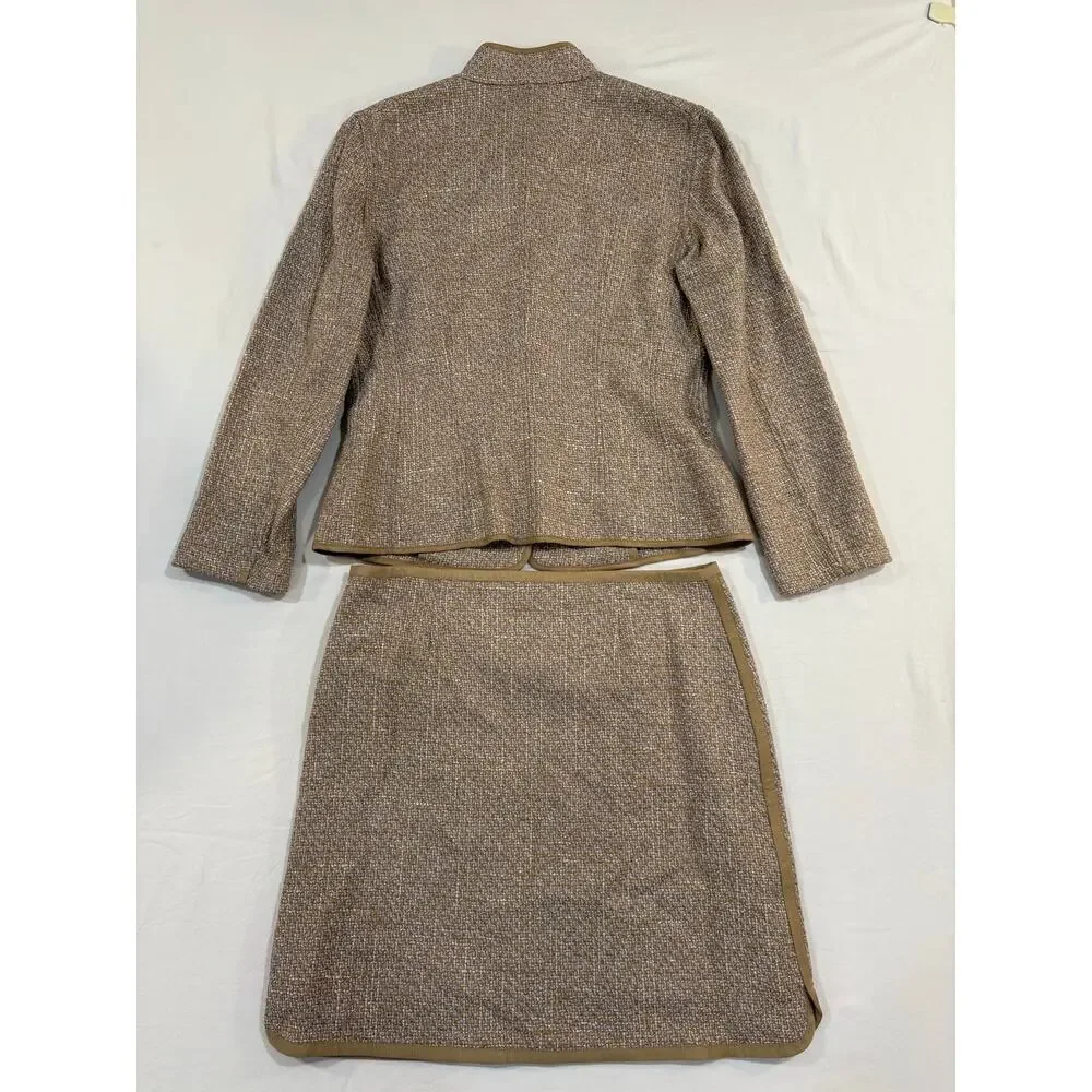 Elie Tahari Virgin Wool Blend Beige Tweed Skirt Jacket Suit Set Size 6